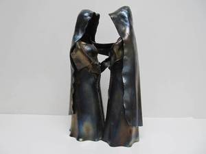 lot 295 image: Large Medieval Gothic Style Metal Torch Cut Robed Figures Sculpture 12.5 Stamped