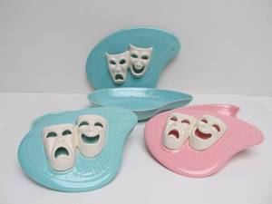 lot 244 image: Group of 3 Mid Century 1950s Lidded Art Pottery Boxes wTheater Masks - Marcia of Calif