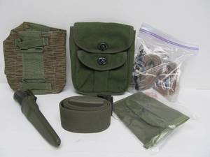 lot 276 image: Tactical Lot wMilitary Pouches Belts & Frosts Mora Sweden Knife & Sheath