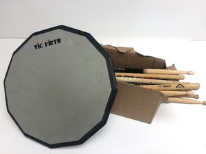 lot 10 image: VIC FIRTH Drum Pad & Many Assorted Drumsticks 