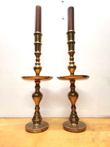 lot 313 image: LARGE Vintage Solid Etched Brass Candle Stands