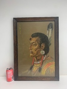 lot 39 image: Antique Framed Signed Native American Pastel Portrait Painting - Stoney Nakoda Tribe