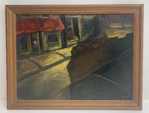 lot 38 image: Very Nice Framed Signed Mid Century Nighttime Street Scene Painting on Board