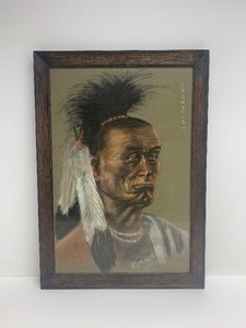 lot 40 image: Antique Framed Signed Native American Pastel Portrait Painting - Iroquois