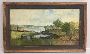 lot 343 image: Antique 19th Century Framed Oil on Canvas Landscape Lake Scene
