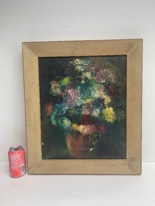 lot 344 image: Framed Signed Mid Century Oil on Canvas Still Life Painting wFlowers by Sueko Kawamara