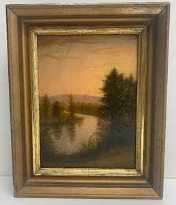 lot 345 image: Early Antique Oil on Canvas River Scene