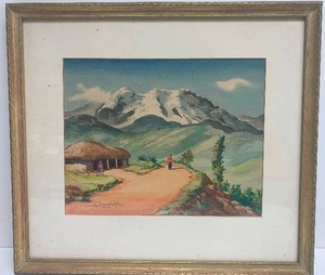 lot 348 image: Framed Signed 1950s Watercolor Mountain Village Scene