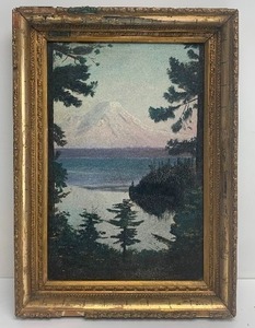 lot 349 image: Framed Antique Mountain Lake Oil on Board Painting