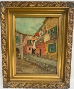 lot 350 image: Ornately Framed  Antique Oil on Canvas Street Scene Painting