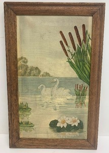 lot 352 image: Antique Oil on Canvas Painting wSwans