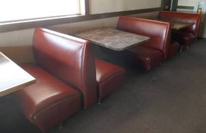 lot 5 image: 2-12 Bench seats Brown and 3 table tops