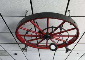 lot 30 image: Large 48 inch wood spoked wheel hanging light