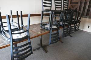 lot 35 image: FIVE tables (31x31)and 10 black chairs (like new)