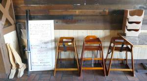 lot 38 image: 3 high chairs, 3 booster seats, white board and easel