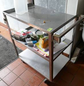 lot 110 image: stainless dish cart and contents