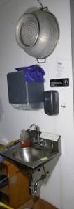 lot 126 image: Hand washing sink, soap and towel dispensers, big colander