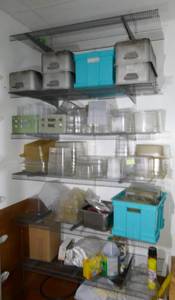 lot 127 image: Wall full of misc totes, pots, cambro etc including shelves