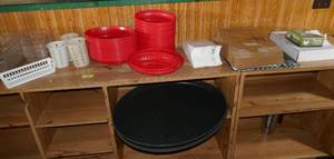 lot 139 image: Lot of cake take out boxes, sandwich and hamburger tissues, food baskets, cambro, silverware baskets, serving trays