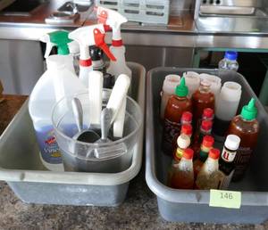 lot 146 image: Mixed lot of utensils, tobasco, 3 new unopened bottles of sriracha hot sauce