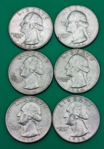Six 1964 Washington Silver Quarter Coins