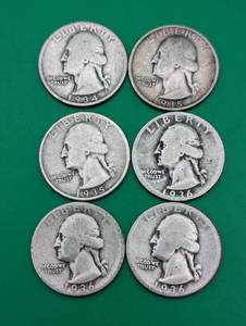 Six Silver Washington Quarters from the 1930s