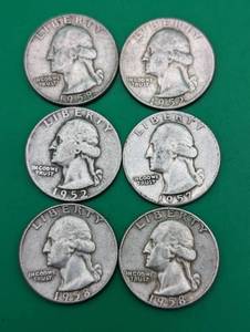 Six Silver Washington Quarters from the 1950s