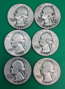 Six Silver Washington Quarters from the 1940s