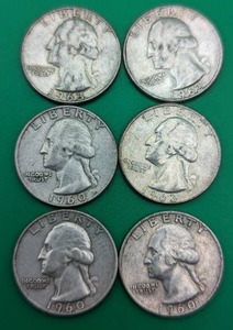 Six Silver Washington Quarters from 1960-63