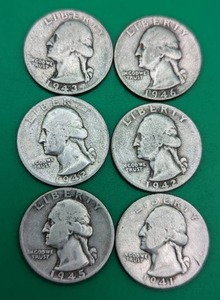 Six Silver Washington Quarters from the 1940s