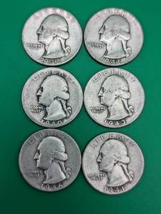 Six Silver Washington Quarters from the 1940s