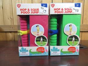lot 13 image: TWO Playgo Toys Hop & Squeak Pogo Jumper Stick Foam Jumpers