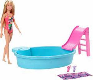 lot 43 image: Barbie Doll and Pool Playset with Slide and Accessories, Blonde in Tropical Swimsuit