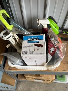 box of misc  heat lamp bulbs   shaver  spray  bottles   spray paint