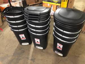 lot 32 image: Lot of 3 Boxes of Rubbermaid 13 Gal. Black Step-On Trash Can  Customer Returns See Pictures