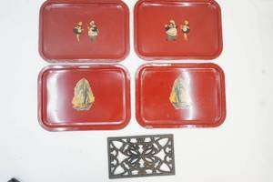 Cast iron trivet and vintage TV trays