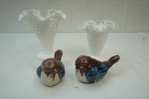 White hobnail vases and bird decor