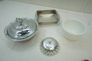 Pyrex dish and cover, white glass mixing bowl and other