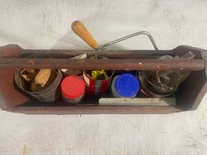 lot 44 image: Vintage Wooden Toolbox with Various Related Items