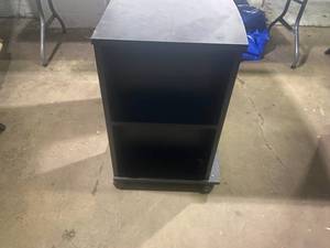 lot 87 image: Glass Door Media Cabinet with Wheels