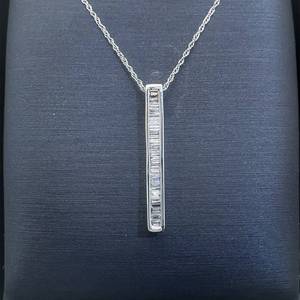 Diamond Baguette Vertical Bar Floating Pendant Necklace in White Gold