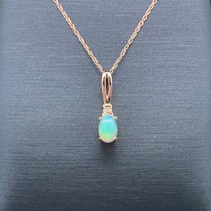 Oval White Opal & Diamond Pendant Necklace in 14k Rose Gold