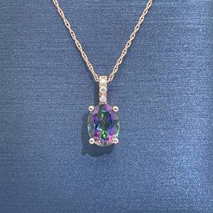 Oval Cut Mystic Topaz Solitaire & Diamond Bail Drop Pendant Necklace in 14k Rose Gold