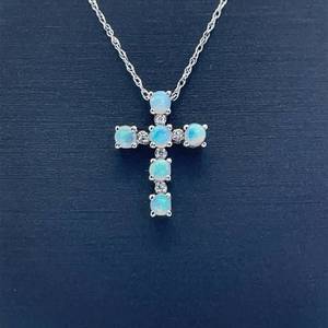 White Opal & Diamond Accent Classic Cross Floating Pendant Necklace in White Gold
