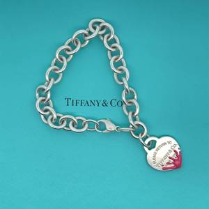 Designer Tiffany & Co. Heart Charm Pink Paint Splash Bracelet w Lobster Clasp