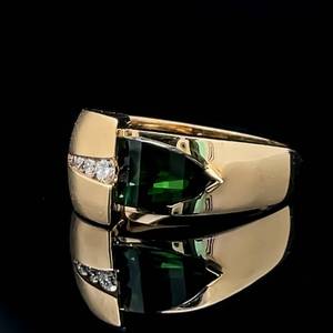 Fancy Faceted Pear Shaped Green Tourmaline Contemporary Half & Half Diamond Ring in 14k Yellow Gold - Luxurious Matte & Bright Shine Combination Finish $3,950 Retail
