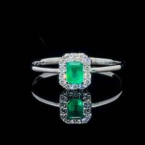 Natural Emerald & Diamond Petite Halo Ring in 14k White Gold