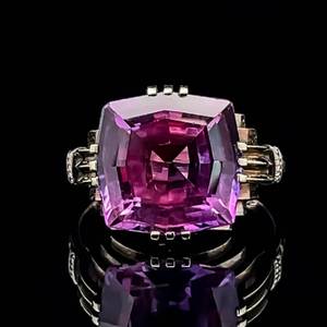 Large & Beautiful Pink Stone Solitaire Antique Art Deco EngravedEtched Ring in 18k Yellow Gold - Stamped Hallmark Designer