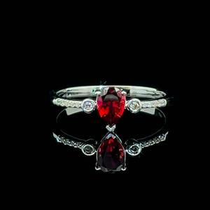 Pear-Shaped Garnet & Diamond Bezel Pave Three-Stone Petite Stacking Ring in White Gold