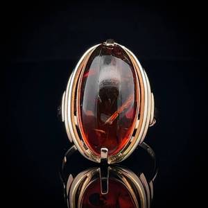Dark Golden-Brown Amber Oval Cabochon Bezel Ring in 14k Yellow Gold Stamp 583
